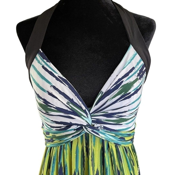Donna Morgan Green Blue Halter Empire Knot Long Length Maxi Dress Size 6 EUC - Picture 2 of 9